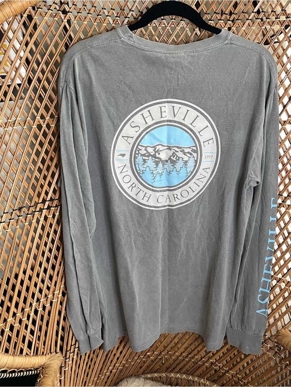Comfort Colors Gray Long Sleeve Asheville North Carolina Shirt with Blue Graphic
